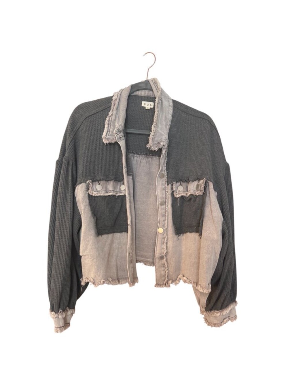 POL Mixed Media Denim Waffle Knit Jacket L Gray Raw Hem Cropped Boho Shacket